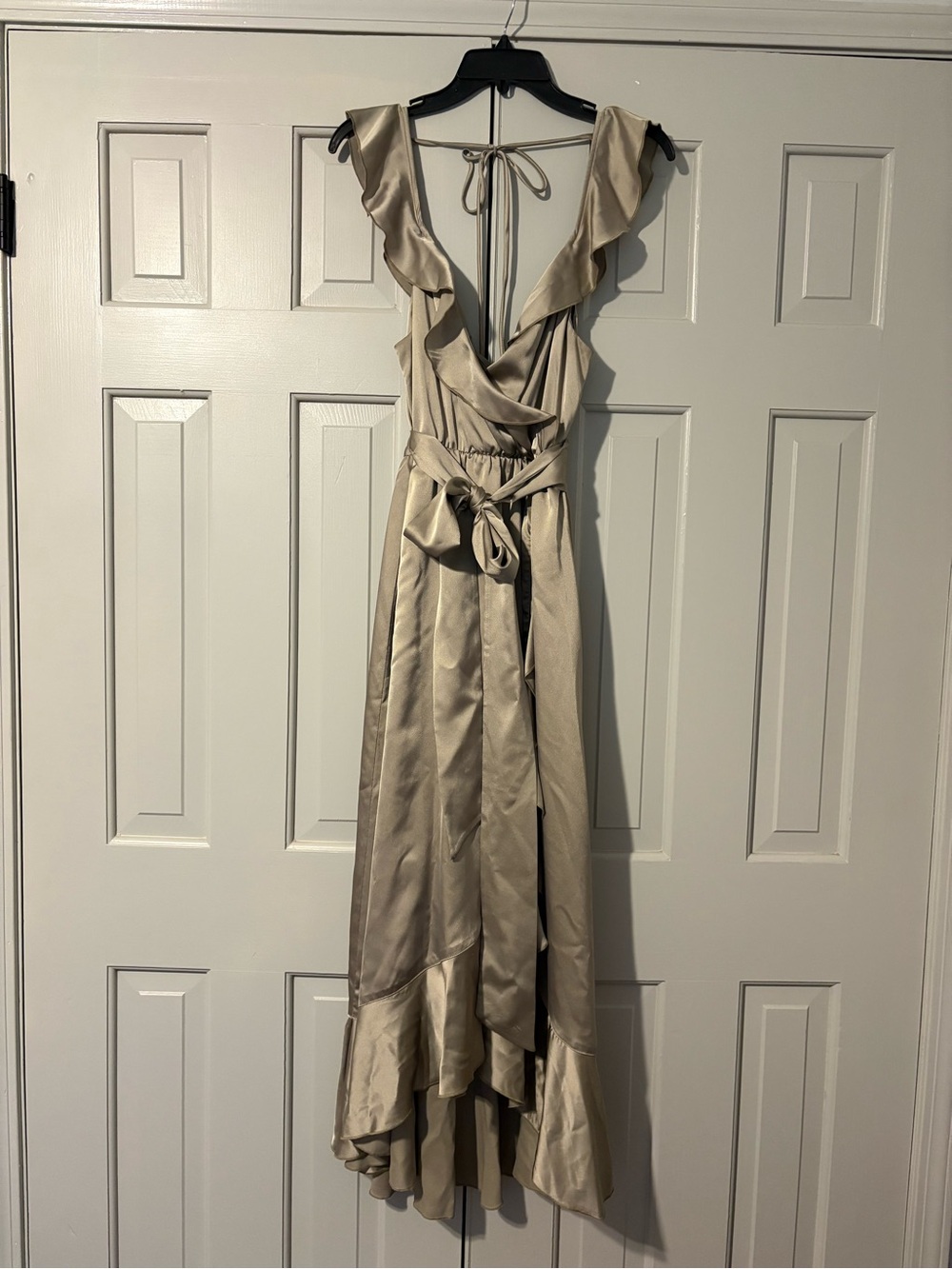 Show Me Your MuMu Large Moss Green Satin Ruffle Wrap Midi Dress - Picture 3 of 4